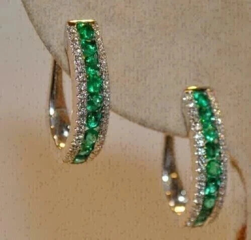 Art Deco Style Lab Created Emerald & Diamond Wedding 14K Yellow Gold FN Earrings
