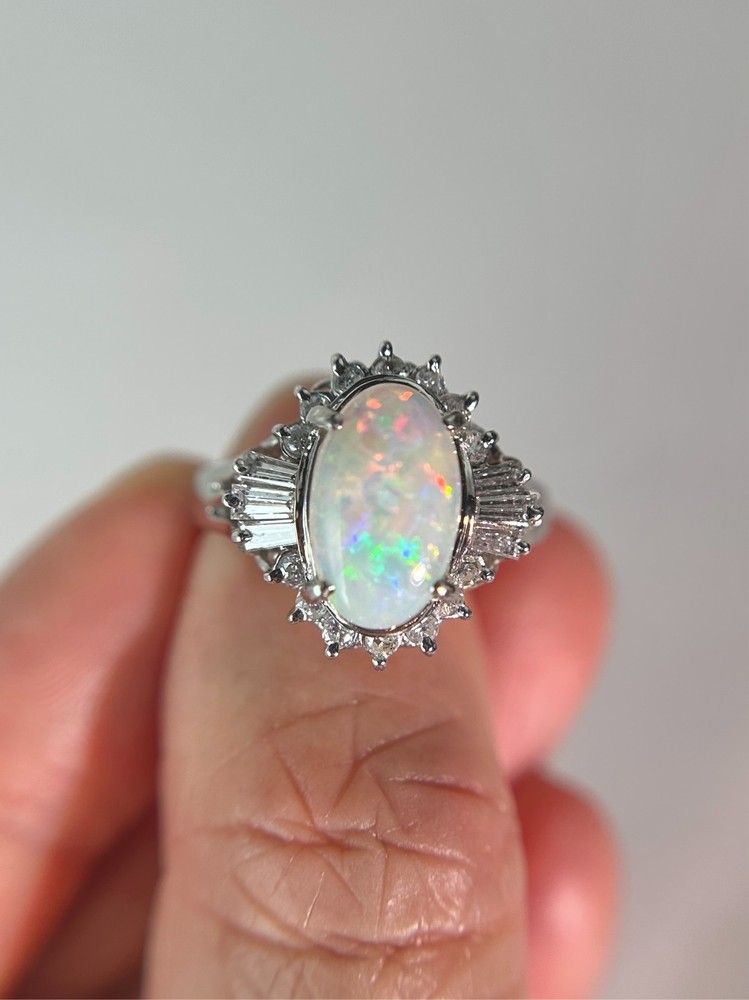 Full Fire Australian Opal with Diamond Halo Platinum Engagement Ring 7g V1159