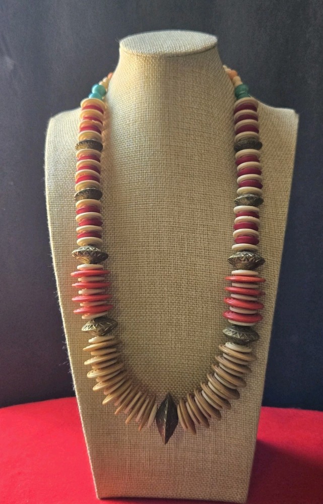 Vintage Boho Tribal Style Disc Bead Necklace Mixed Material Chunky