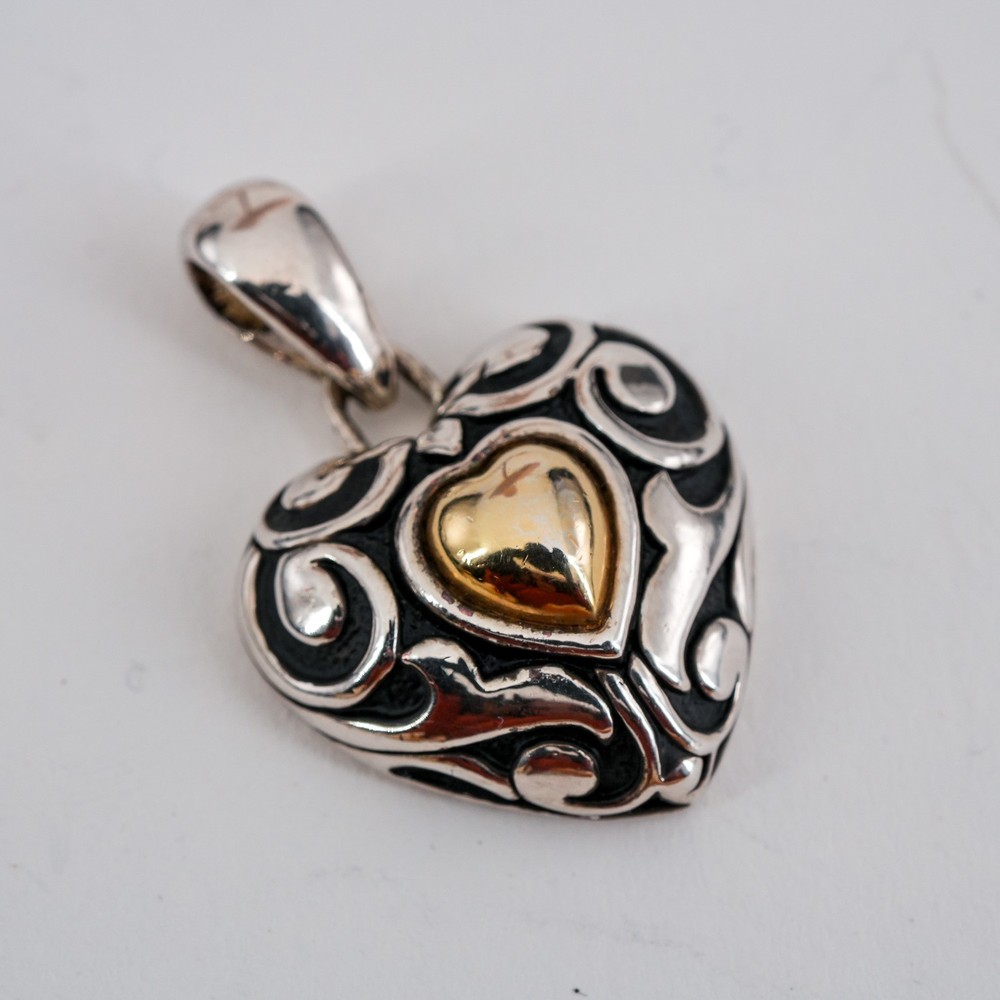 Avon Vintage Southwestern Silver and Gold Tone Bold Scrollwork Heart Pendant 1″