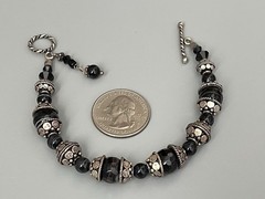 Vintage Silver Tone Metal & Onyx Black Beaded Toggle Bracelet Detailed 7”