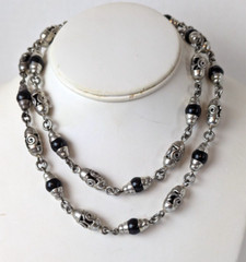 925 Taxco Sterling Silver Black Onyx Gem Bead & Barrel Long Chain Necklace 32″
