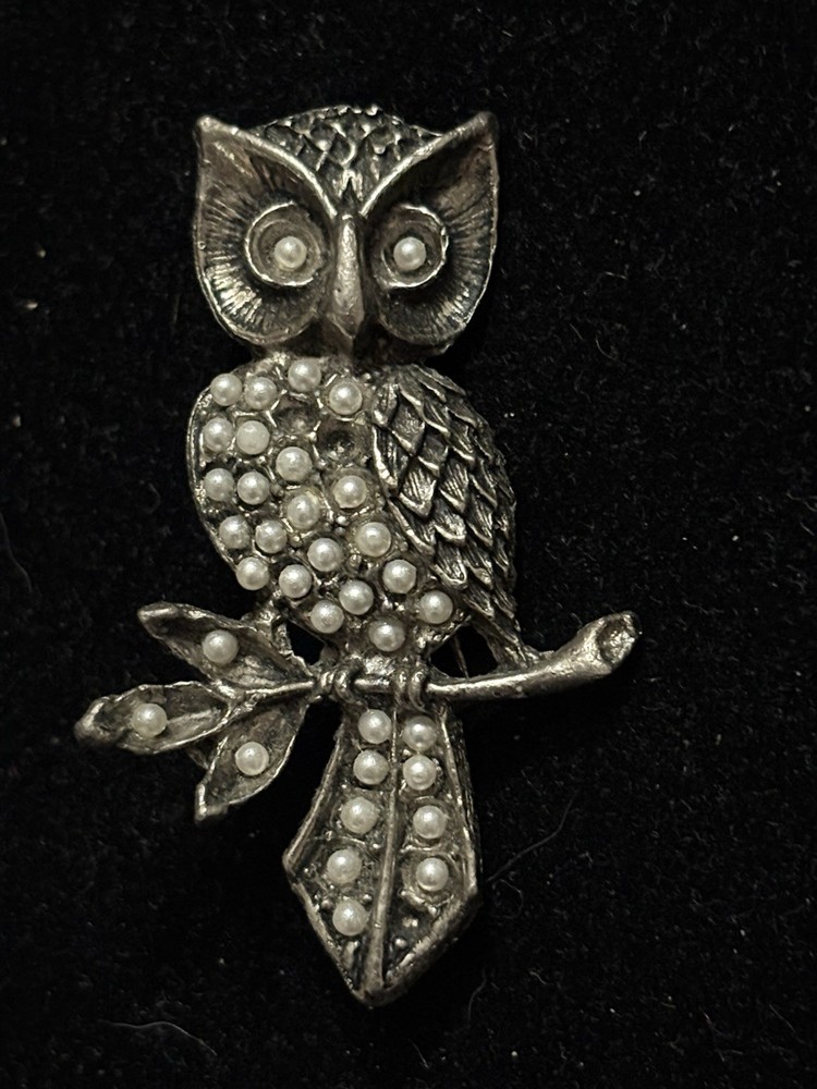 2.25 In Silver Toned Owl On A Branch With Faux Pearls Brooch. 2 Are Missing(135)