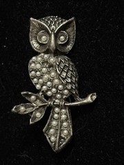 2.25 In Silver Toned Owl On A Branch With Faux Pearls Brooch. 2 Are Missing(135)