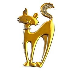 Cat Pin Brooch Mod Sophisticated Kitty Gold Tone & Rhinestone Collar & Tail