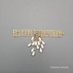 Vintage Clear Rhinestones and Faux Pearls Dangle Tassel Necklace & Bracelet Set