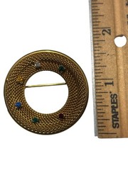 Vintage Gold Tone Mesh Multi Color Rhinestone Circle Brooch Pin