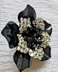 Vintage Black Enamel Flower Brooch Rhinestone Floral Statement Pin Costume Jewel