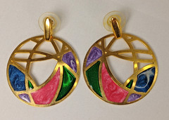 Vintage Gold Tone Abstract Enamel Dangle Stud Earrings Pink Green Blue 1.75″