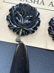 VTG MASHA ARCHER HAND CARVED ROSES/COW BONE. DANGLES OF TINTED BUFFALO HORN.