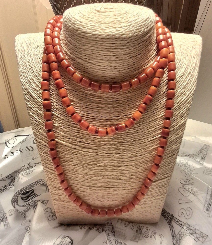 Vintage Necklace Genuine Orange Coral Barrel Red Glass Bead Spacers RARE 49″ ^
