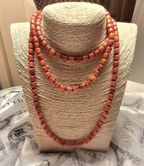 Vintage Necklace Genuine Orange Coral Barrel Red Glass Bead Spacers RARE 49″ ^