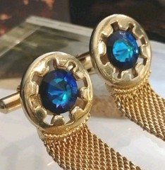 Vintage SWANK Gold Tone Mesh Cuff Links w/Blue Rivoli Stones, Nice!