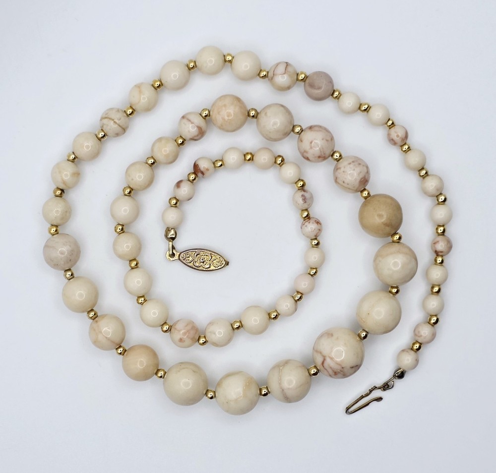 Vintage Gold Tone Jasper Beaded Necklace Polished Cream Boho Natural Graduated