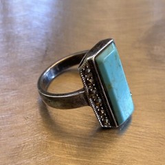 Vintage Sterling Silver Rectangle Marcasite Frame Turquoise Ring Size 7