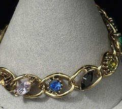 Vintage Rhinestone Bracelet Multi Color Blue Green Purple Gold Tone 7”