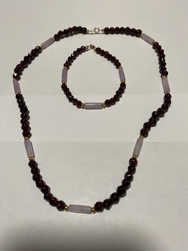 14kt Rose Quartz Garnet Necklace 16” Bracelet 6.5” Set