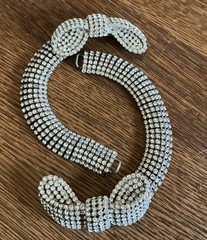 Set Of 2 Woman’s Vintage Wide 6 Row Silver Metal Rhinestone Bracelets With Bow