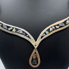 Vintage Mexican Alpaca Abalone Inlay Necklace 17″ Panel Link Drop Pendant