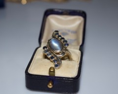 Vintage Moonstone & Sapphire Large Statement Ring in Palladium Bypass Design Cey