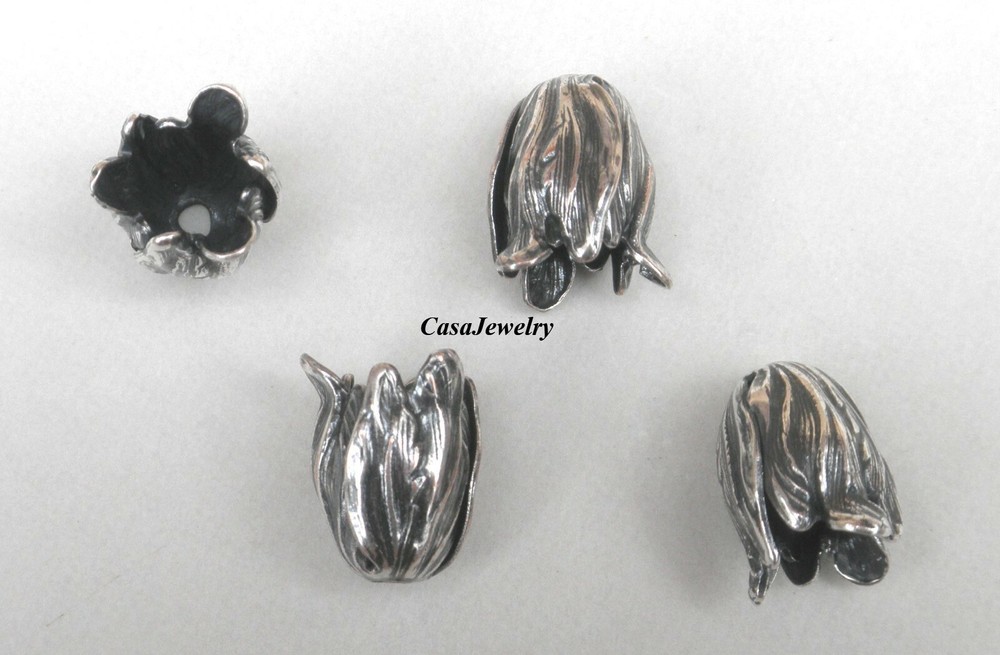 #3425 ANTIQUED STERLING SILVER PLATED 7MM MINI TULIP BEAD CAP/WRAP – 4 Pc Lot