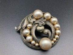 Vintage Pot Metal Large Faux Pearl Art Nouveau Leaf Brooch Pin