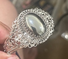 Vintage Whiting Davis Hematite Silver Tone Ornate Hinged Cuff Bracelet