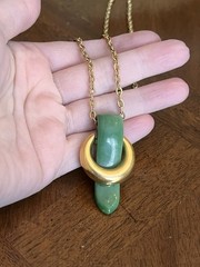 Vintage Crown Trifari Faux Jade Green Pendant Necklace Gold Tone Signed Nice!