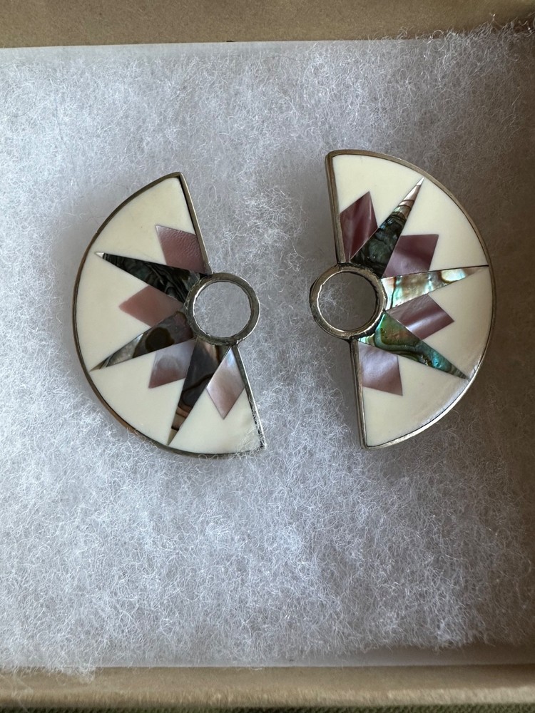 2″ BRENDA SCHOENFELD ? ABALONE STERLING SILVER ROUND PIERCED POST EARRINGS