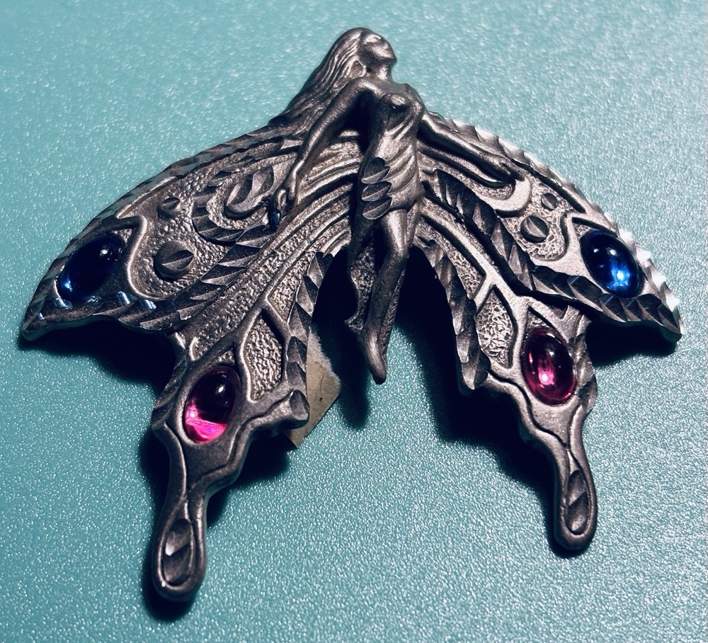 Vintage Fable Signed Pewter Winged Fairy Garden Jeweled Brooch Pin 2″