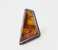 Unusual modernist geometry sterling silver Baltic amber w inclusions ring sz 8