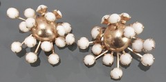 MCM Atomic Milk Glass Clip On Earrings Gold Tone