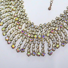 Vintage AB Rhinestone Fringe Bib Statement Necklace Silver Tone Glam