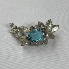 Art Deco Vintage Aqua Blue & Clear Rhinestones Brooch Anda Modes New York Pin