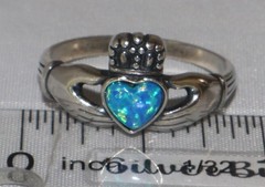 Vintage Sterling Silver Wheeler Lab Created or Faux Opal Claddagh Ring Size 9