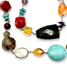 Vintage BOHO STATEMENT Necklace Multi Gemstones MOP Turquoise Etc 41” Fabulous!