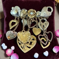 Vintage Sweetheart Charm Dangle Brooch Mixed Metal Hearts Romantic Assemblage