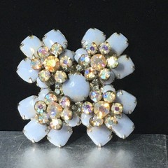 Vtg Maltese Cross Blue Milk Glass Brooch Pin AB Crystal Floral Accents 2.4″
