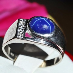 10k w/gold sz 10 ring 2.19c blue star lab created sapphire natural diamond 5.85g