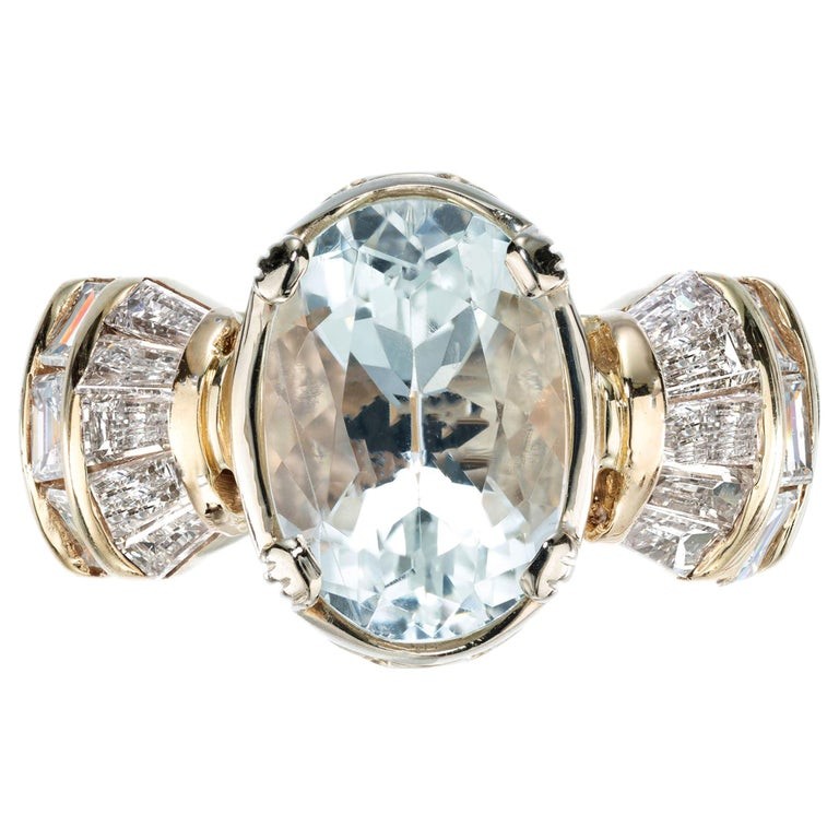 Estate Rare Clear Pale Blue Aqua Tapered Baguette Diamond 1960s 14k Gold Ring
