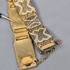 Antique Gold -Tone & Black Damascene Spain Brooch & Bracelet Floral Motif Ornate