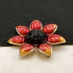 Vintage Swarovski Flower Brooch Red Enamel Black Swarovski Crystals Gold Tone