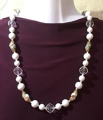 Art Glass & White Plastic Bead Necklace 30″ Vintage Statement Glam Jewelry