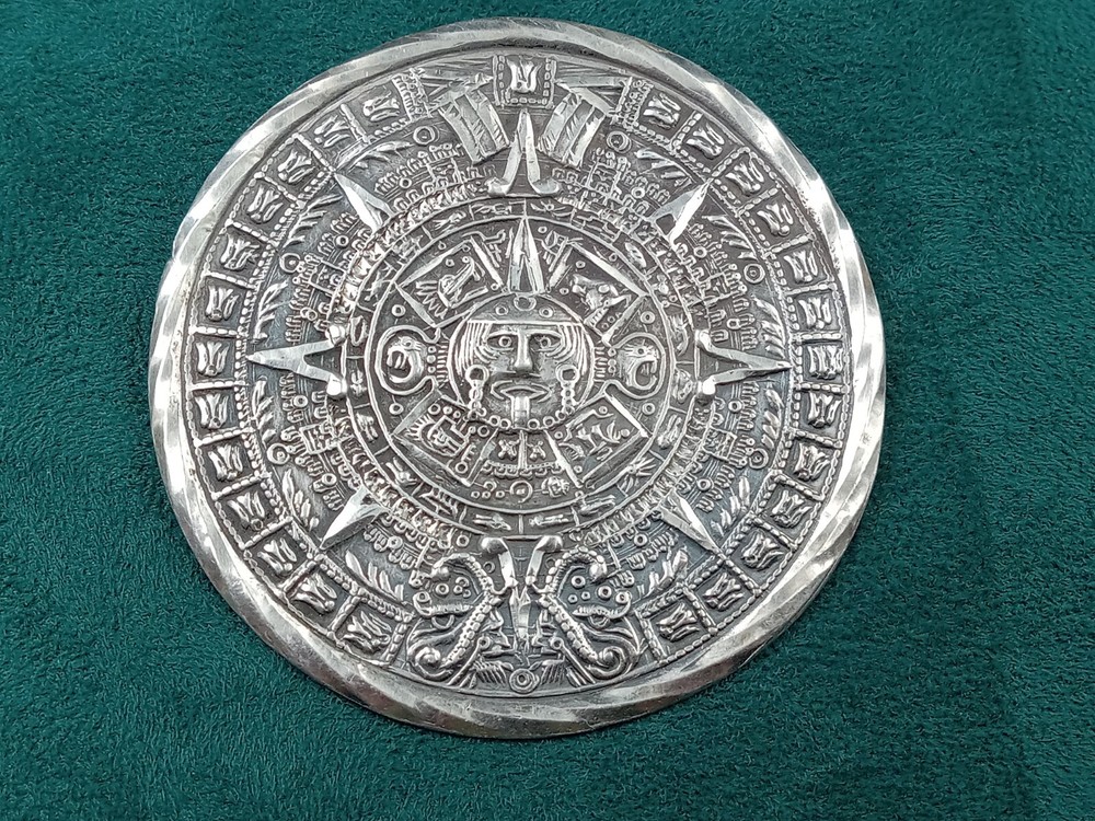 Aztec Calendar Wheel Pendant in Sterling Silver: 2.25″ diameter – 925 Mexico RAG