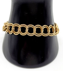 Fancy Double Circular Link Fancy Curb Shiny Gold Tone Vintage Chain Bracelet
