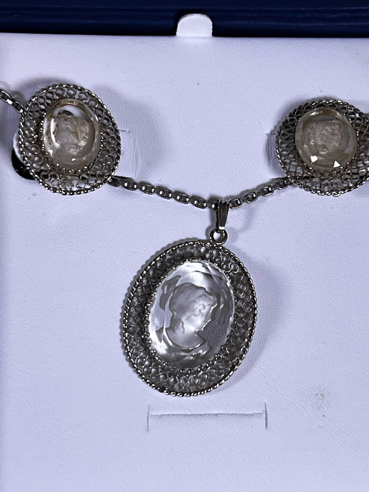 Whiting and Davis set. Intaglio Cameo-Style Bezel Pendant with matching clips.