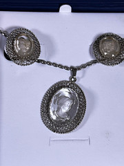 Whiting and Davis set. Intaglio Cameo-Style Bezel Pendant with matching clips.