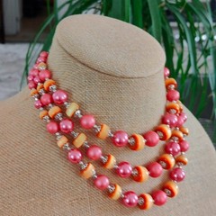 Vintage Japan 3 Strand Pink Apricot-Orange Bead Statement Choker Necklace 1950s