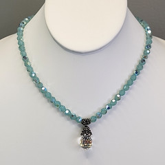 Glass Beaded Necklace Blue Opalite Crystal Teardrop Dangle Sterling Silver 16″