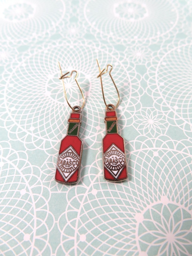 Cloisonne Earrings Tabasco Sauce Bottle Dangles Enamel Metal French Wire Closure